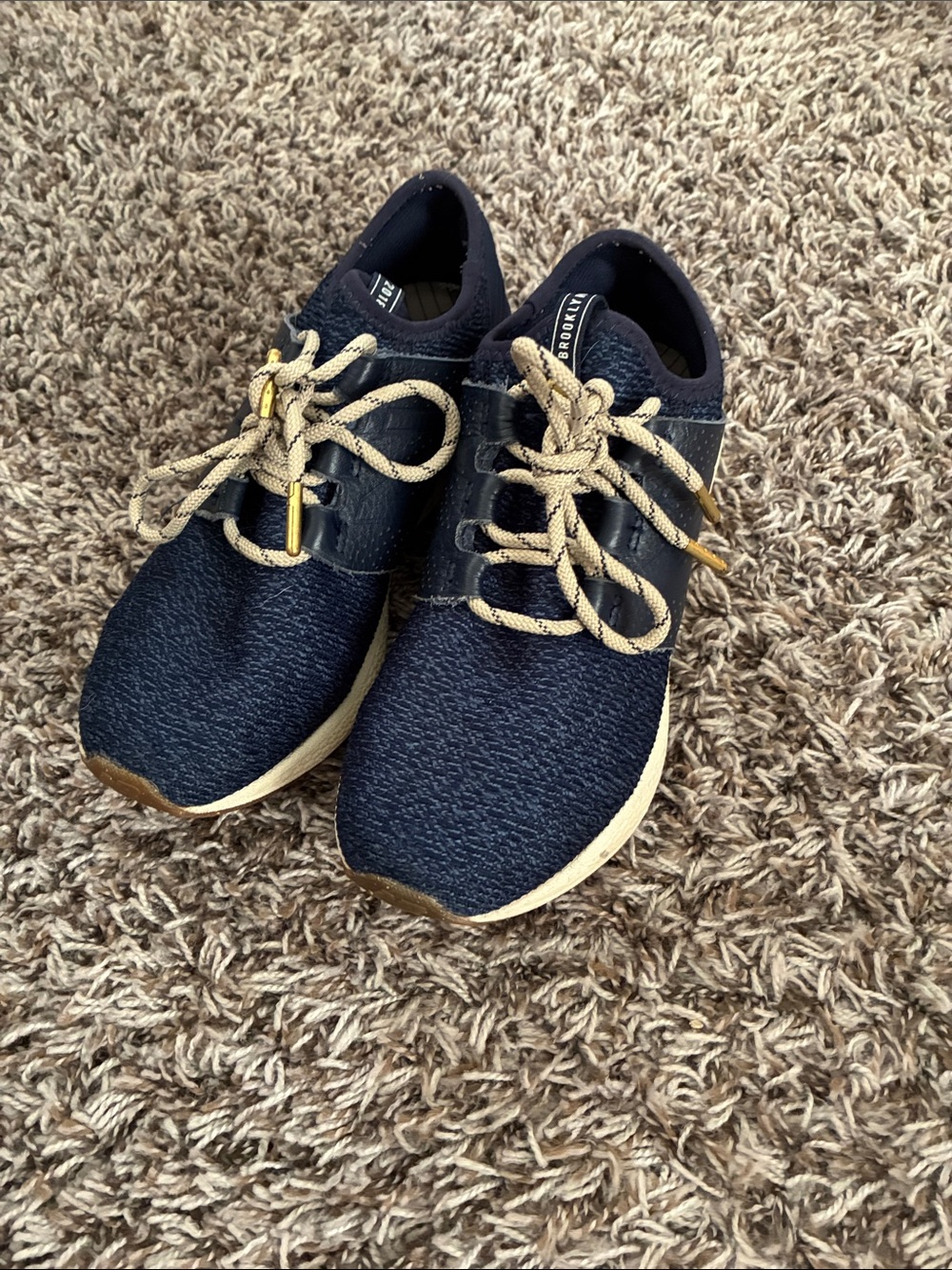 New Balance Navy Knit Sneakers with Cream Laces and Tan Accents